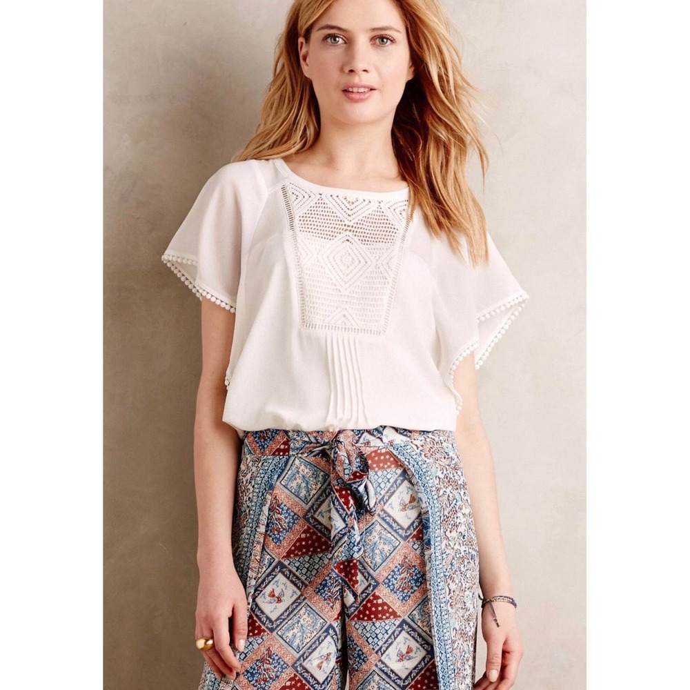 Meadow Rue Anthropologie Ivory Boho Crochet Flutter Sleeve Blouse Small